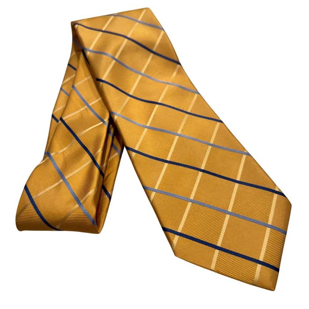 Nordstrom Smartcare Mens Gold Blue Plaid Grid Silk Blend Necktie Made in USA EUC